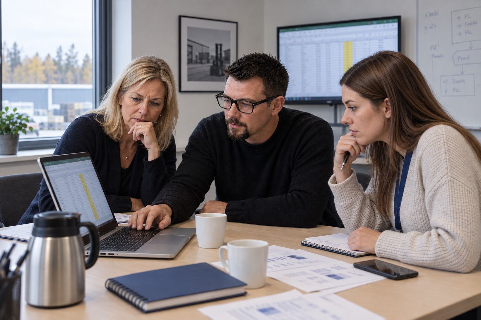 Tre säljare vid en laptop går igenom nästa års mål kund för kund i en förifylld Excel-fil.